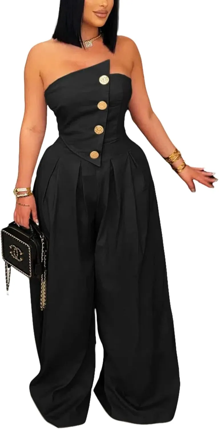 Women's Summer Long Strapless Wide Leg Jumpsuit Sexy Vacation Button Strapless Rompers