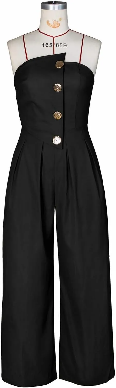 Women's Summer Long Strapless Wide Leg Jumpsuit Sexy Vacation Button Strapless Rompers