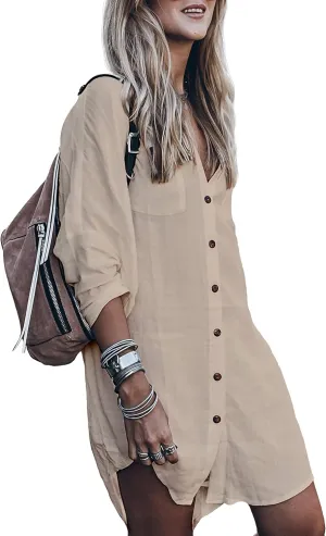 Womens Swimsuit Cover up,Silky Button Down Shirt Midi Dress Kimono,Summer Bathing Suit Beach Coverups for Women (CP-Aline)