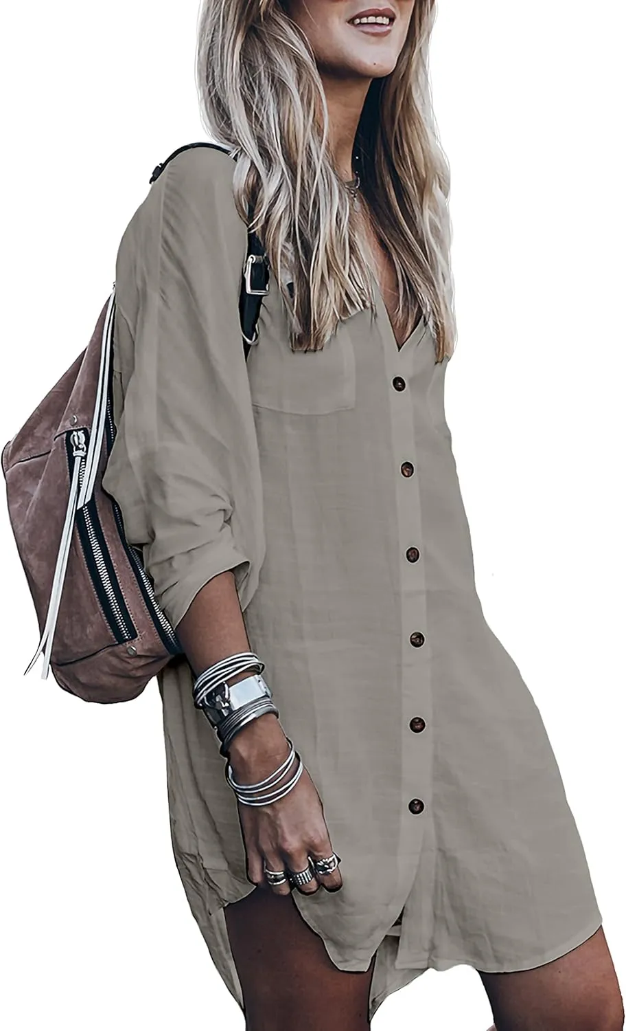 Womens Swimsuit Cover up,Silky Button Down Shirt Midi Dress Kimono,Summer Bathing Suit Beach Coverups for Women (CP-Aline)