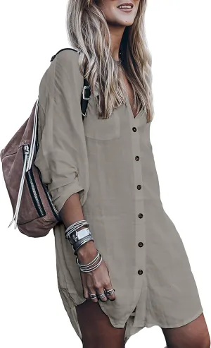 Womens Swimsuit Cover up,Silky Button Down Shirt Midi Dress Kimono,Summer Bathing Suit Beach Coverups for Women (CP-Aline)