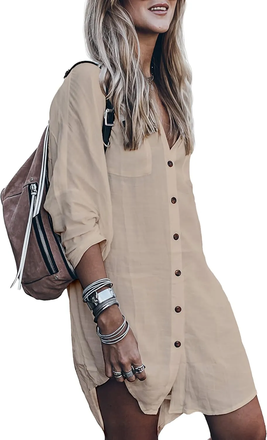 Womens Swimsuit Cover up,Silky Button Down Shirt Midi Dress Kimono,Summer Bathing Suit Beach Coverups for Women (CP-Aline)