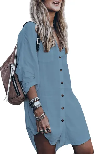 Womens Swimsuit Cover up,Silky Button Down Shirt Midi Dress Kimono,Summer Bathing Suit Beach Coverups for Women (CP-Aline)