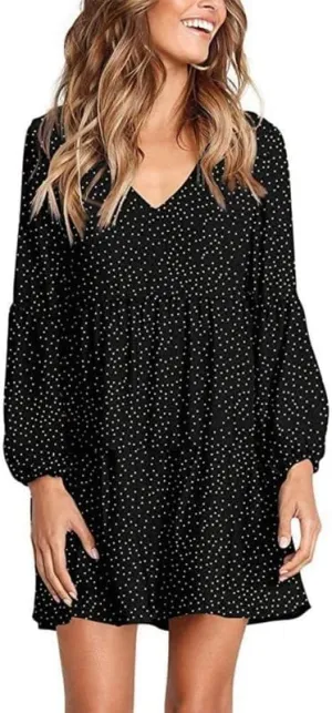 Women's Tunic Dress Summer Cute Printed V Neck Long Sleeve Casual Swing Ruffle Dress Loose Swing Mini Dress