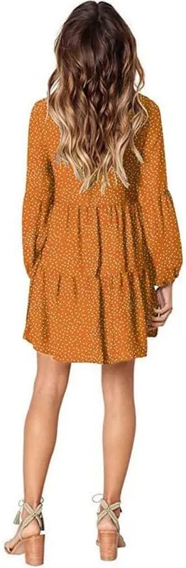 Women's Tunic Dress Summer Cute Printed V Neck Long Sleeve Casual Swing Ruffle Dress Loose Swing Mini Dress
