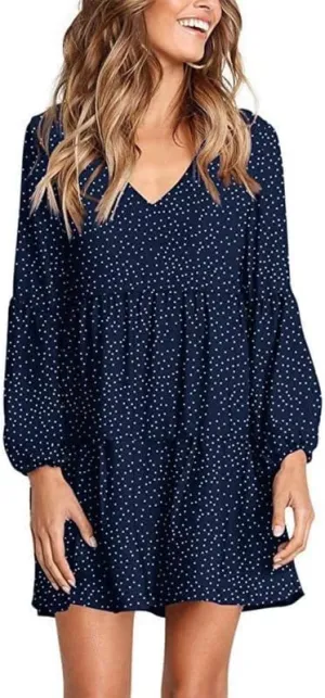 Women's Tunic Dress Summer Cute Printed V Neck Long Sleeve Casual Swing Ruffle Dress Loose Swing Mini Dress
