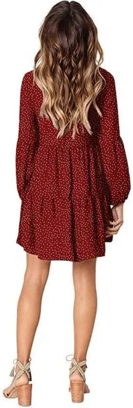 Women's Tunic Dress Summer Cute Printed V Neck Long Sleeve Casual Swing Ruffle Dress Loose Swing Mini Dress
