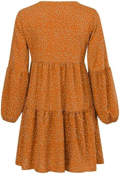Women's Tunic Dress Summer Cute Printed V Neck Long Sleeve Casual Swing Ruffle Dress Loose Swing Mini Dress