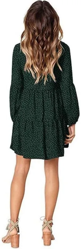 Women's Tunic Dress Summer Cute Printed V Neck Long Sleeve Casual Swing Ruffle Dress Loose Swing Mini Dress
