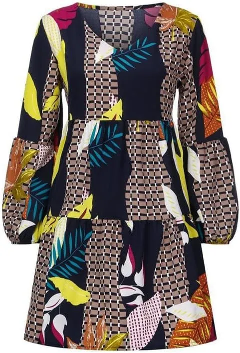 Women's Tunic Dress Summer Cute Printed V Neck Long Sleeve Casual Swing Ruffle Dress Loose Swing Mini Dress
