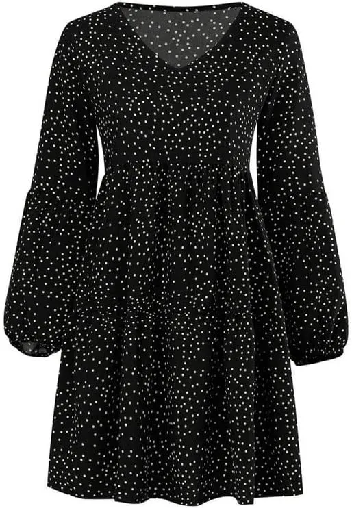Women's Tunic Dress Summer Cute Printed V Neck Long Sleeve Casual Swing Ruffle Dress Loose Swing Mini Dress