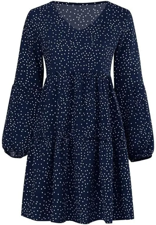 Women's Tunic Dress Summer Cute Printed V Neck Long Sleeve Casual Swing Ruffle Dress Loose Swing Mini Dress