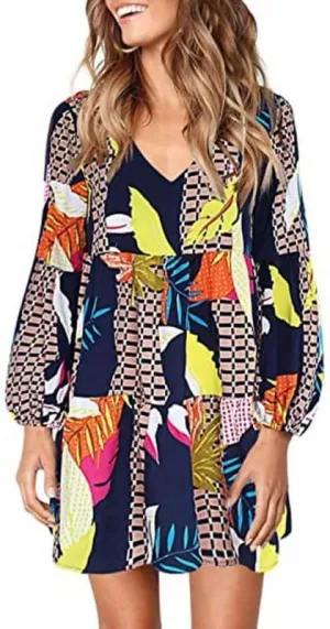Women's Tunic Dress Summer Cute Printed V Neck Long Sleeve Casual Swing Ruffle Dress Loose Swing Mini Dress