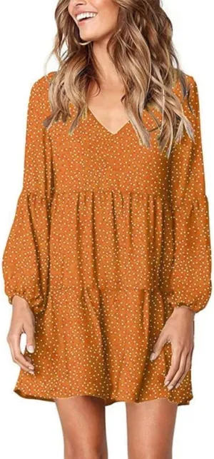 Women's Tunic Dress Summer Cute Printed V Neck Long Sleeve Casual Swing Ruffle Dress Loose Swing Mini Dress