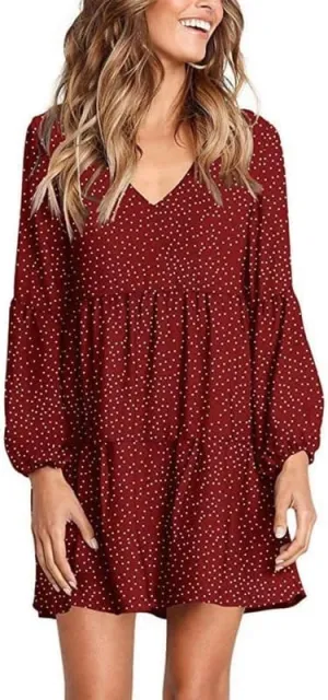 Women's Tunic Dress Summer Cute Printed V Neck Long Sleeve Casual Swing Ruffle Dress Loose Swing Mini Dress