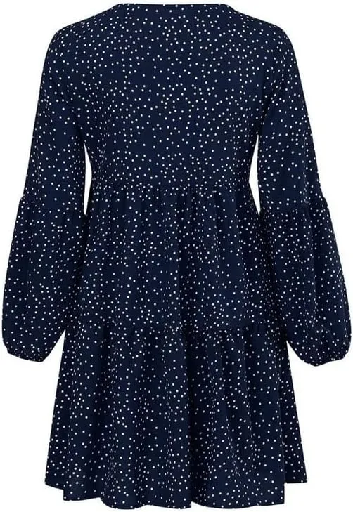 Women's Tunic Dress Summer Cute Printed V Neck Long Sleeve Casual Swing Ruffle Dress Loose Swing Mini Dress