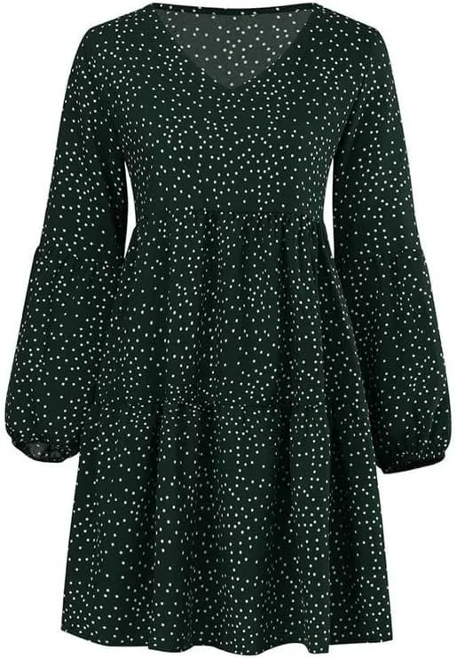 Women's Tunic Dress Summer Cute Printed V Neck Long Sleeve Casual Swing Ruffle Dress Loose Swing Mini Dress