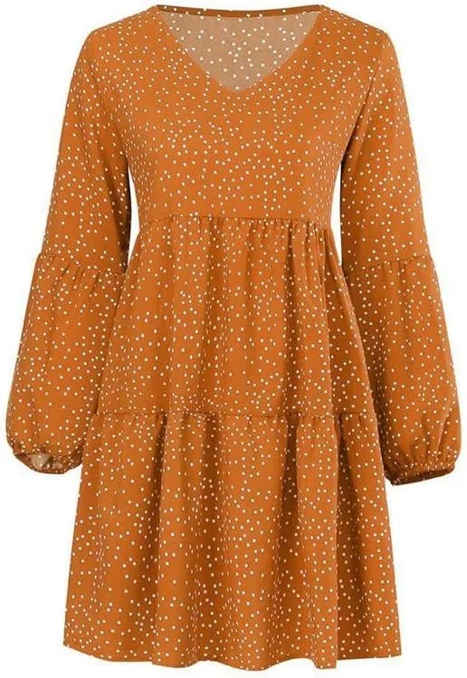 Women's Tunic Dress Summer Cute Printed V Neck Long Sleeve Casual Swing Ruffle Dress Loose Swing Mini Dress