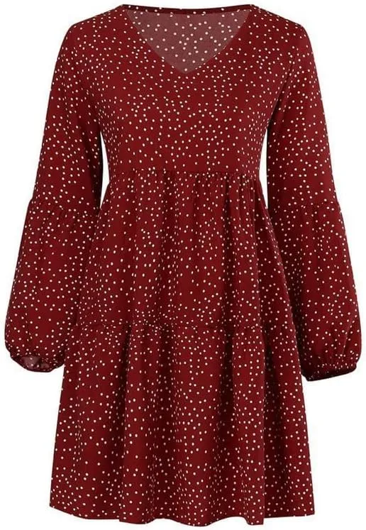 Women's Tunic Dress Summer Cute Printed V Neck Long Sleeve Casual Swing Ruffle Dress Loose Swing Mini Dress