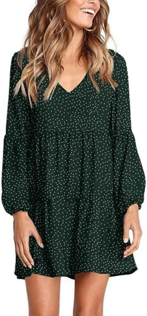 Women's Tunic Dress Summer Cute Printed V Neck Long Sleeve Casual Swing Ruffle Dress Loose Swing Mini Dress