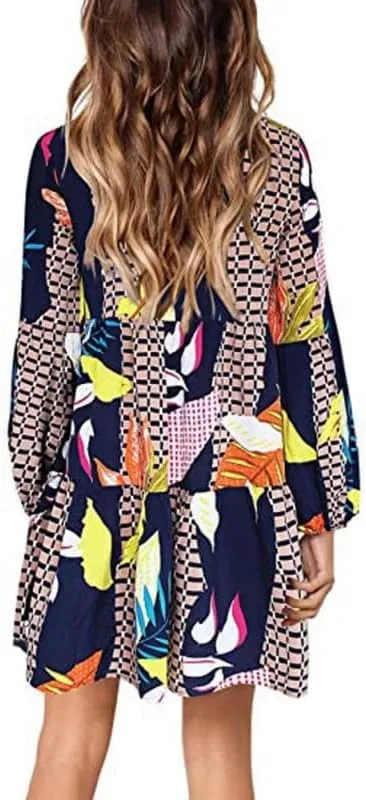 Women's Tunic Dress Summer Cute Printed V Neck Long Sleeve Casual Swing Ruffle Dress Loose Swing Mini Dress