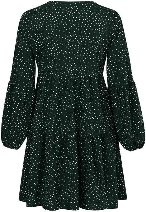 Women's Tunic Dress Summer Cute Printed V Neck Long Sleeve Casual Swing Ruffle Dress Loose Swing Mini Dress