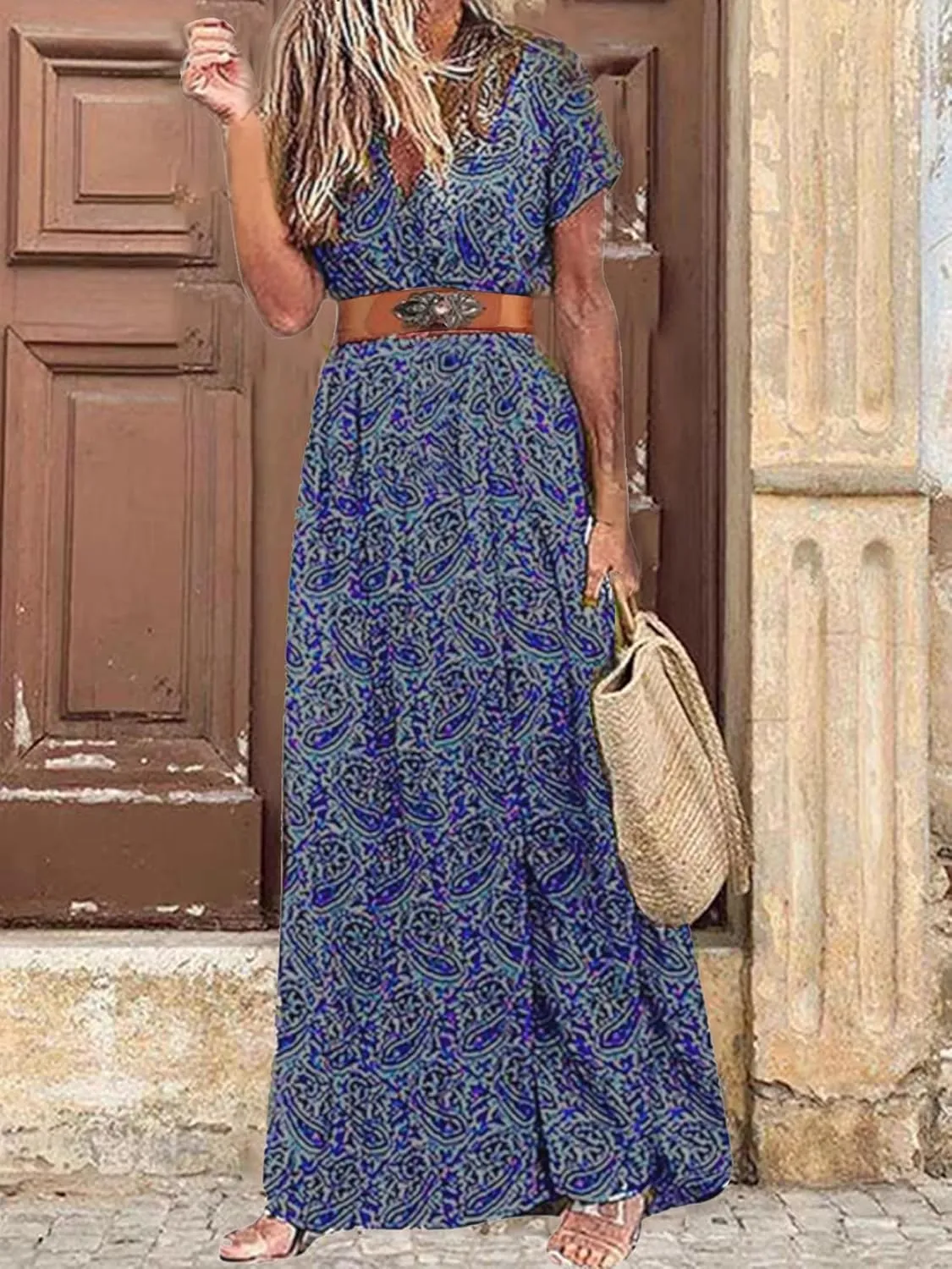 Woolicity Women's 2024 Floral Summer Dress Bohemian Maxi Dresses Wrap V Neck Belted Midi Long Sun Dresses