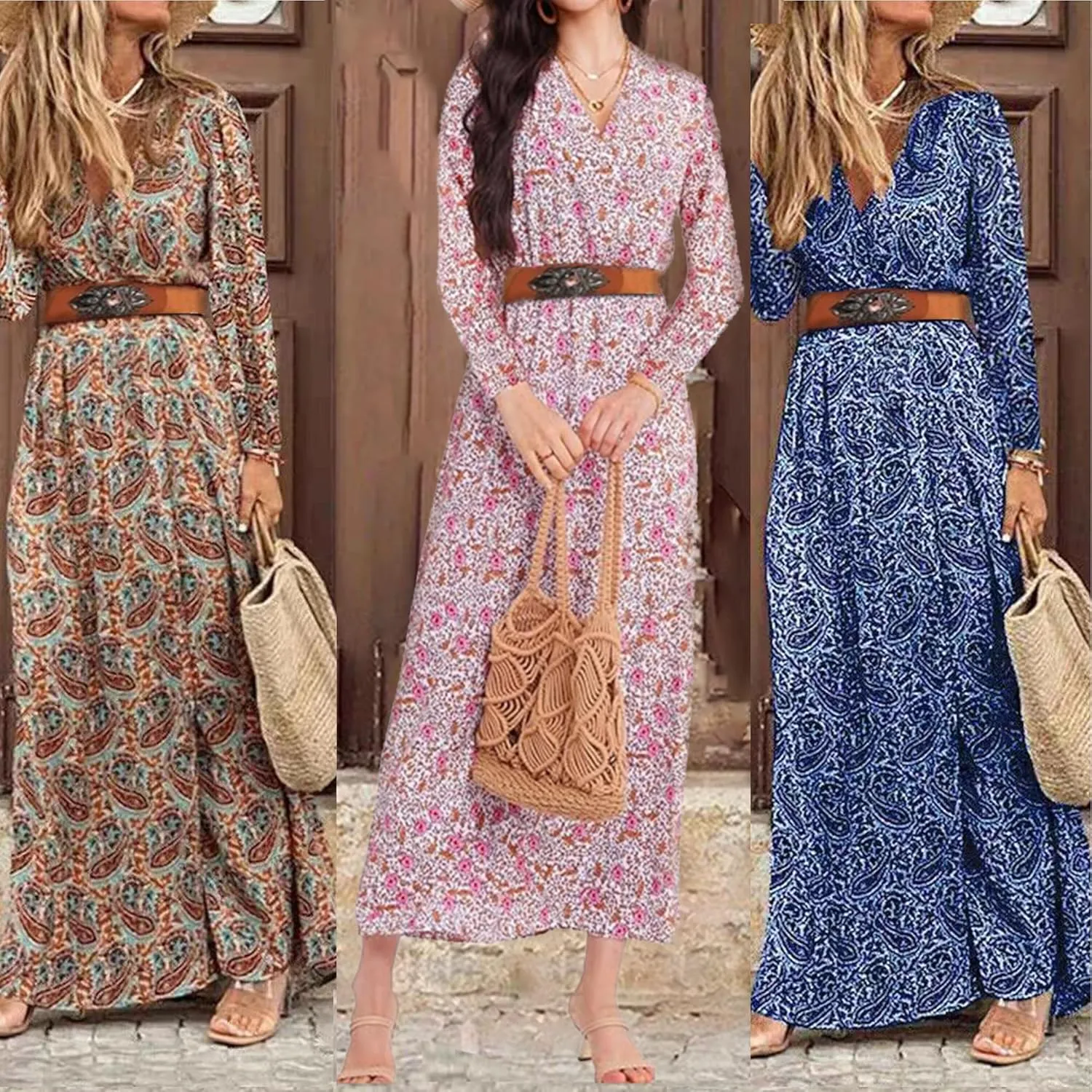 Woolicity Women's 2024 Floral Summer Dress Bohemian Maxi Dresses Wrap V Neck Belted Midi Long Sun Dresses