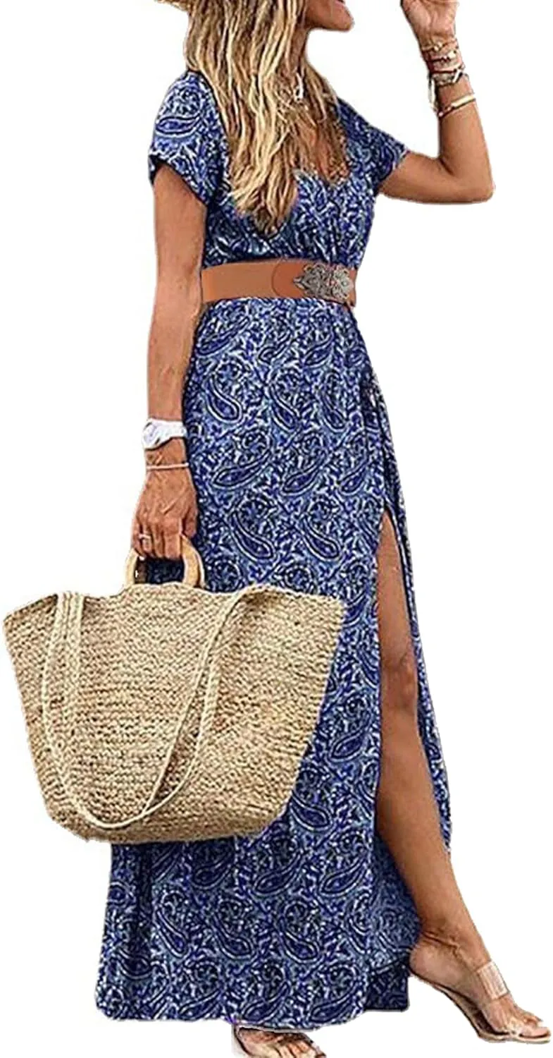 Woolicity Women's 2024 Floral Summer Dress Bohemian Maxi Dresses Wrap V Neck Belted Midi Long Sun Dresses