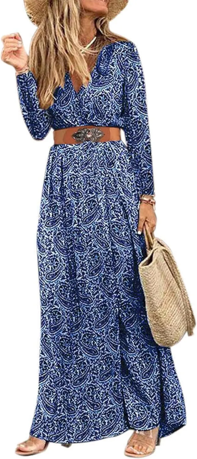 Woolicity Women's 2024 Floral Summer Dress Bohemian Maxi Dresses Wrap V Neck Belted Midi Long Sun Dresses
