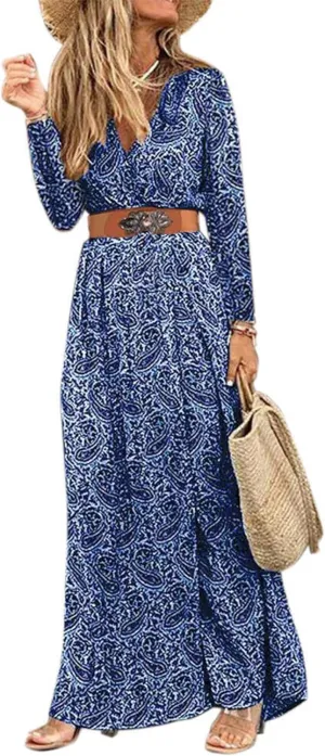 Woolicity Women's 2024 Floral Summer Dress Bohemian Maxi Dresses Wrap V Neck Belted Midi Long Sun Dresses