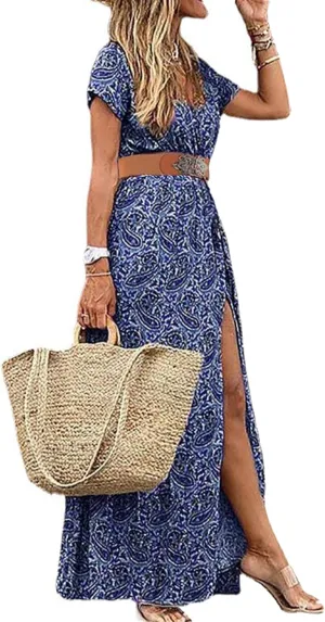 Woolicity Women's 2024 Floral Summer Dress Bohemian Maxi Dresses Wrap V Neck Belted Midi Long Sun Dresses