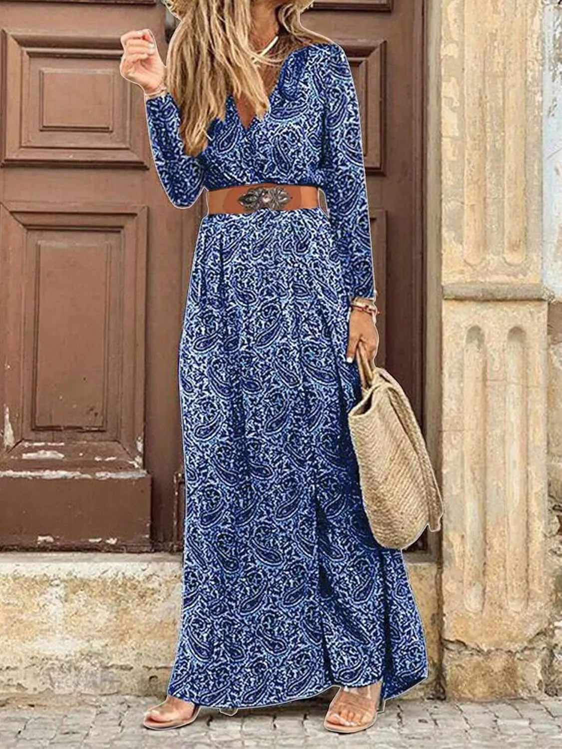 Woolicity Women's 2024 Floral Summer Dress Bohemian Maxi Dresses Wrap V Neck Belted Midi Long Sun Dresses