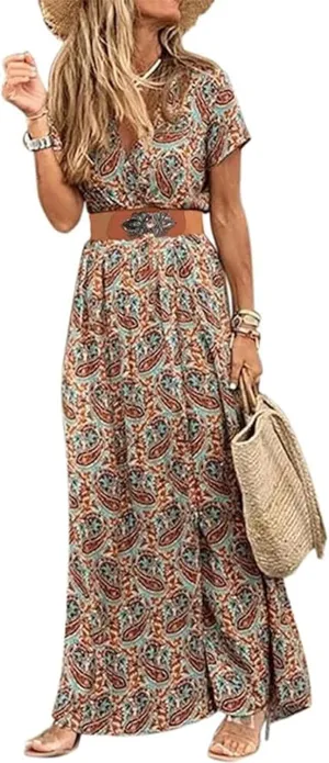 Woolicity Women's 2024 Floral Summer Dress Bohemian Maxi Dresses Wrap V Neck Short Sleeve Belted Midi Long Sun Dresses