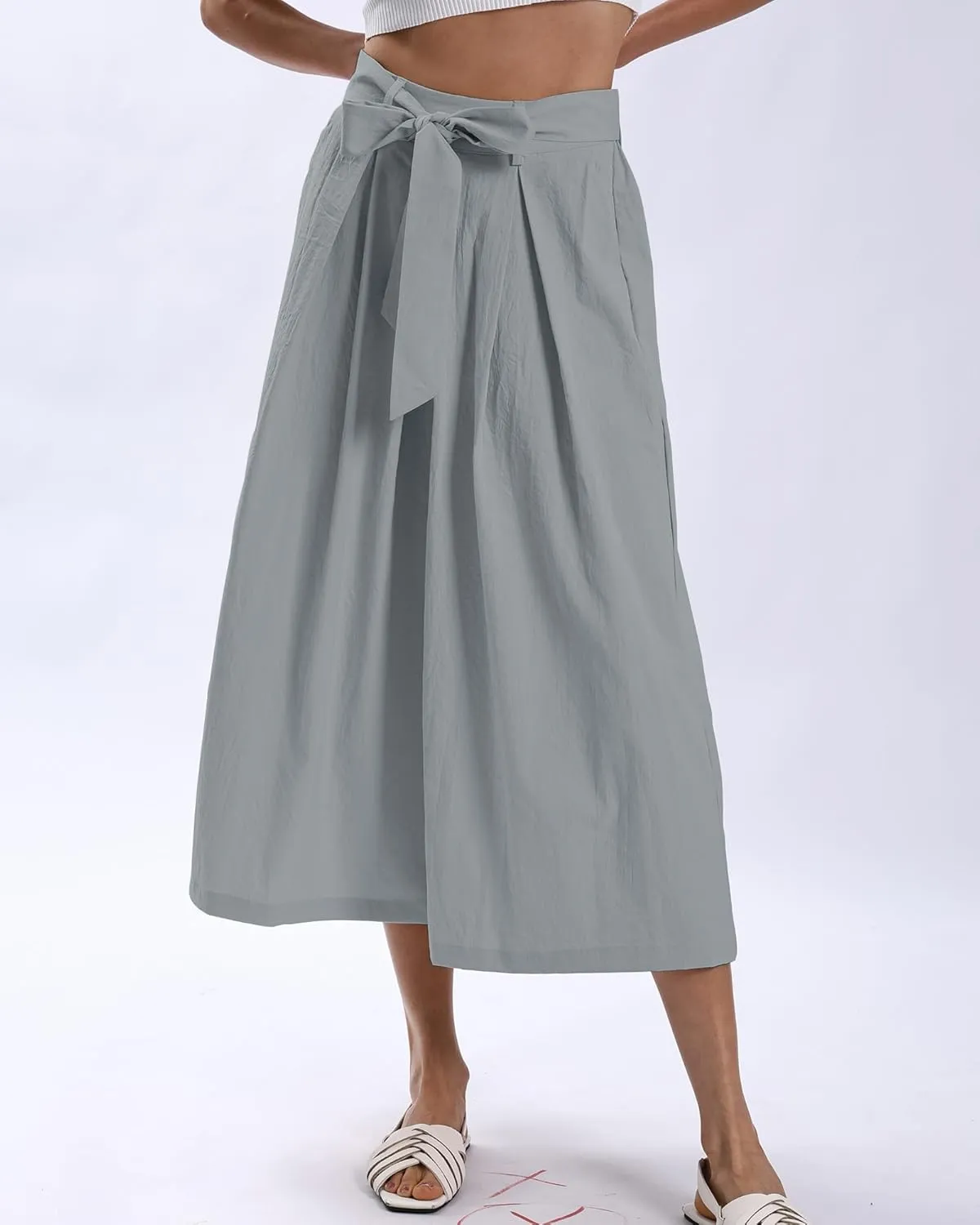 Xintianji Women's Ruffled Texture 9/10 Length Wide Leg Dress Decor Strap Skort Casual Pants with Side Zipper Side Pockets