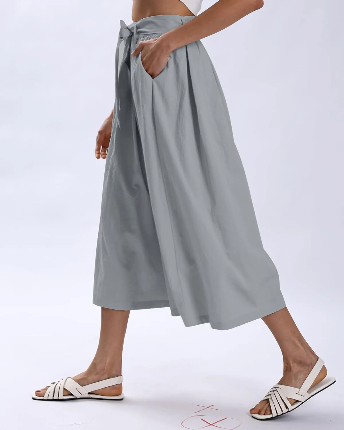 Xintianji Women's Ruffled Texture 9/10 Length Wide Leg Dress Decor Strap Skort Casual Pants with Side Zipper Side Pockets