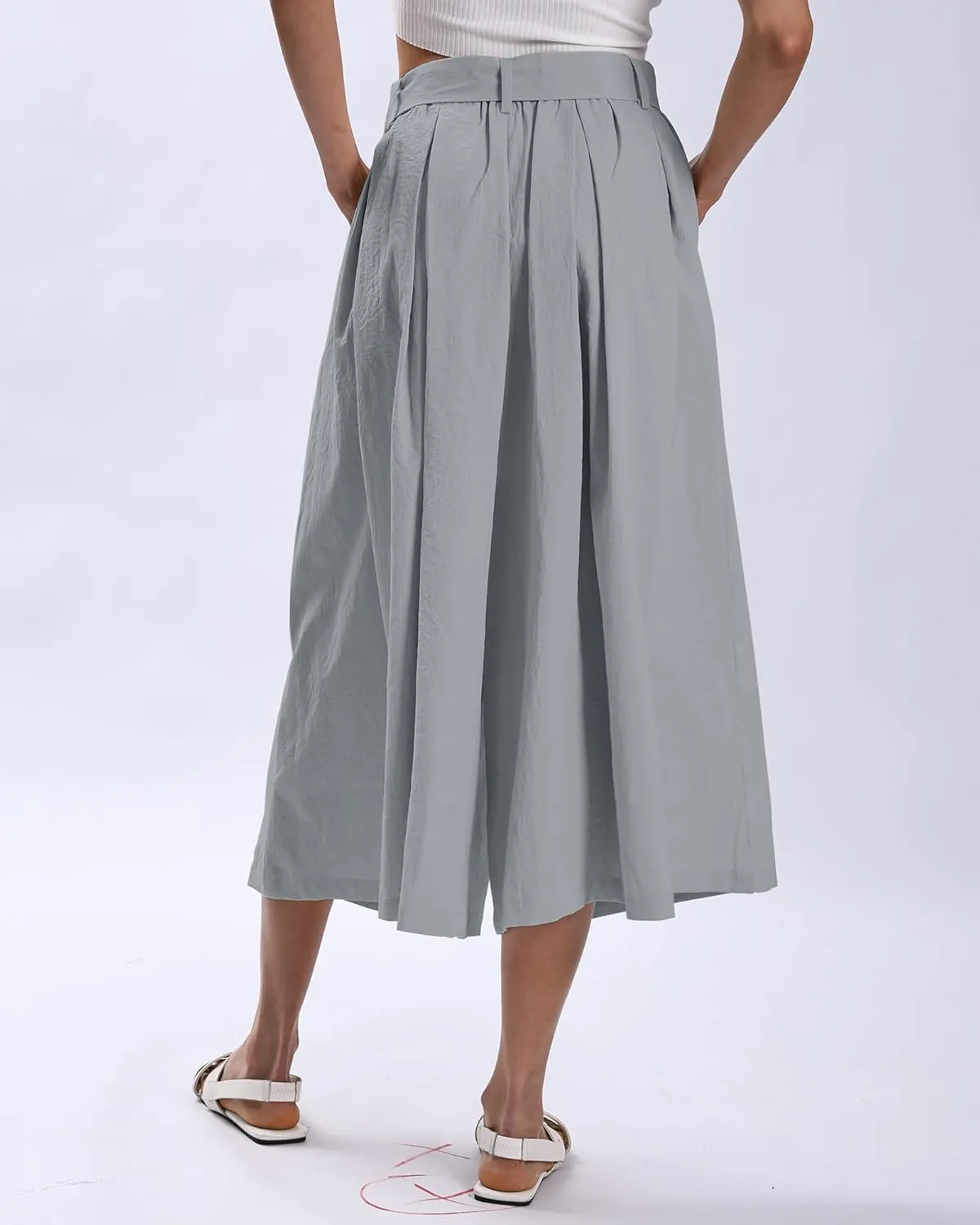 Xintianji Women's Ruffled Texture 9/10 Length Wide Leg Dress Decor Strap Skort Casual Pants with Side Zipper Side Pockets
