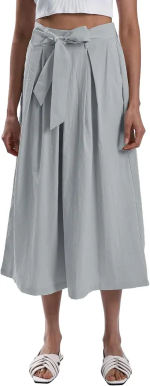 Xintianji Women's Ruffled Texture 9/10 Length Wide Leg Dress Decor Strap Skort Casual Pants with Side Zipper Side Pockets