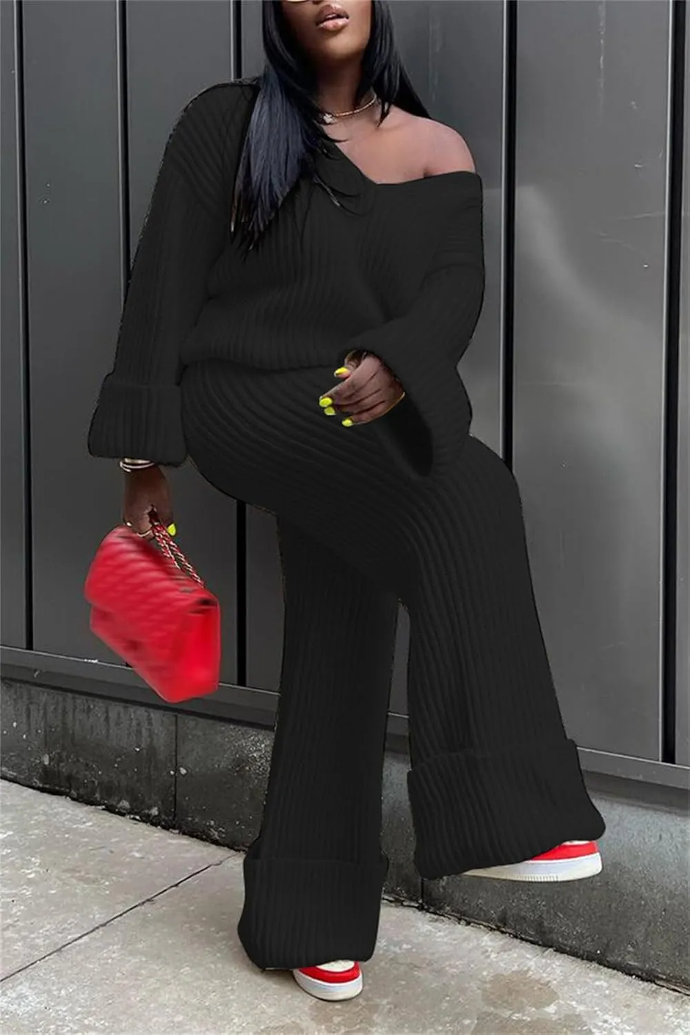 YOOTIKO Women 2 Piece Outfit Comfy Knit Set V Neck Top Wide Leg Pants Fall Casual Sweater Track Suit